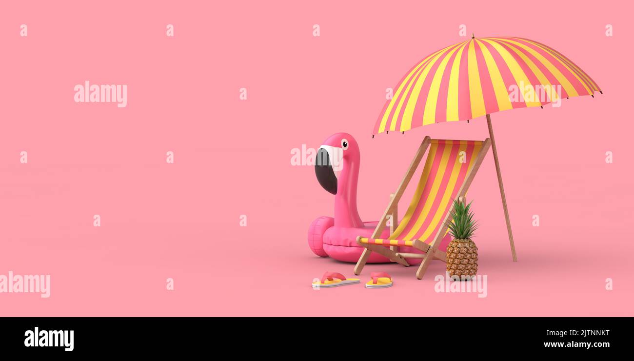 Beach Vacation Concept. Cartoon Beach Chair, Swimming Pool Inflantable Rubber Pink Flamingo Toy, Beach Umbrella, Beach Flip Flops Sandals and Fresh Ri Stock Photo