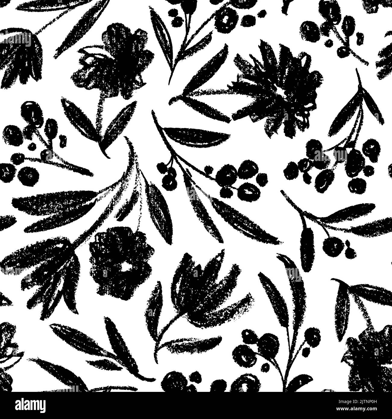 Seamless pattern with charcoal flowers and branch Stock Vector