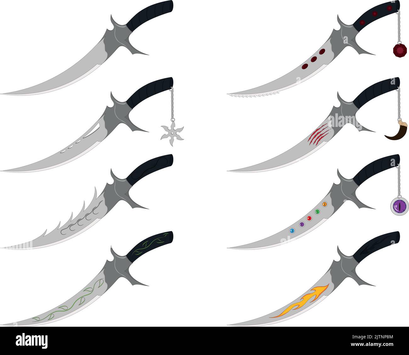 Cold cutting weapon game asset, various styles dagger collection vector illustration Stock Vector