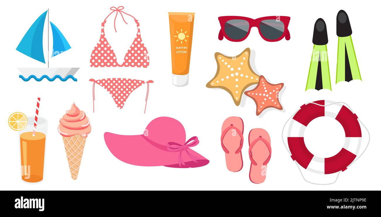 Collection set of summer vacation objects swimming suit sunglass swim ring scuba fins Stock Vector