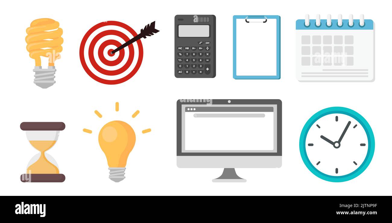 Collection set of office object light bulb snad glass clock computer