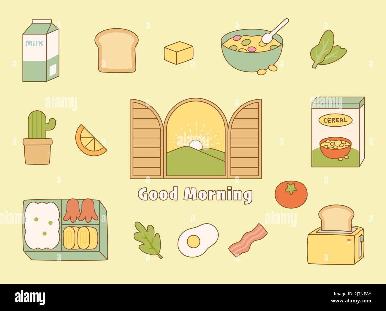 Cute color breakfast object. It is placed around the window. flat design style vector illustration. Stock Photo