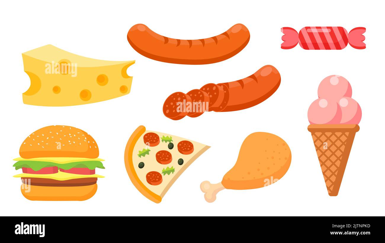 Collection set of food object cheese sausage ice cream hamburger pizza