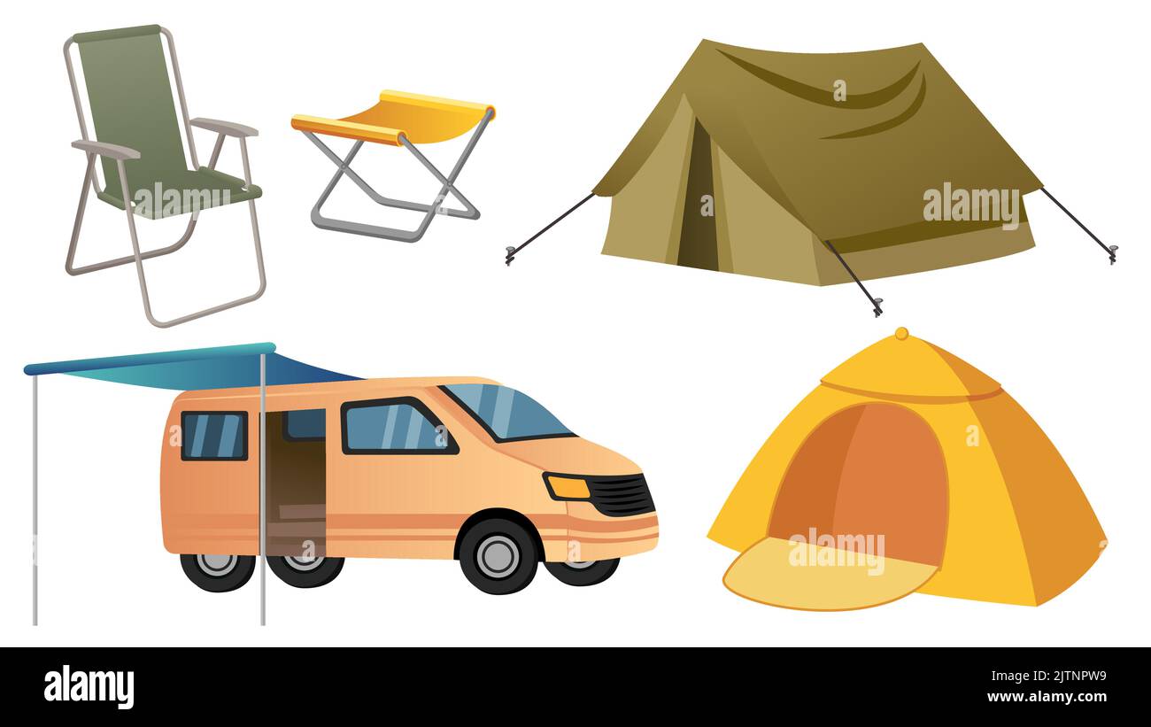 Collection set of camping object tent folding chair SUV car Stock ...