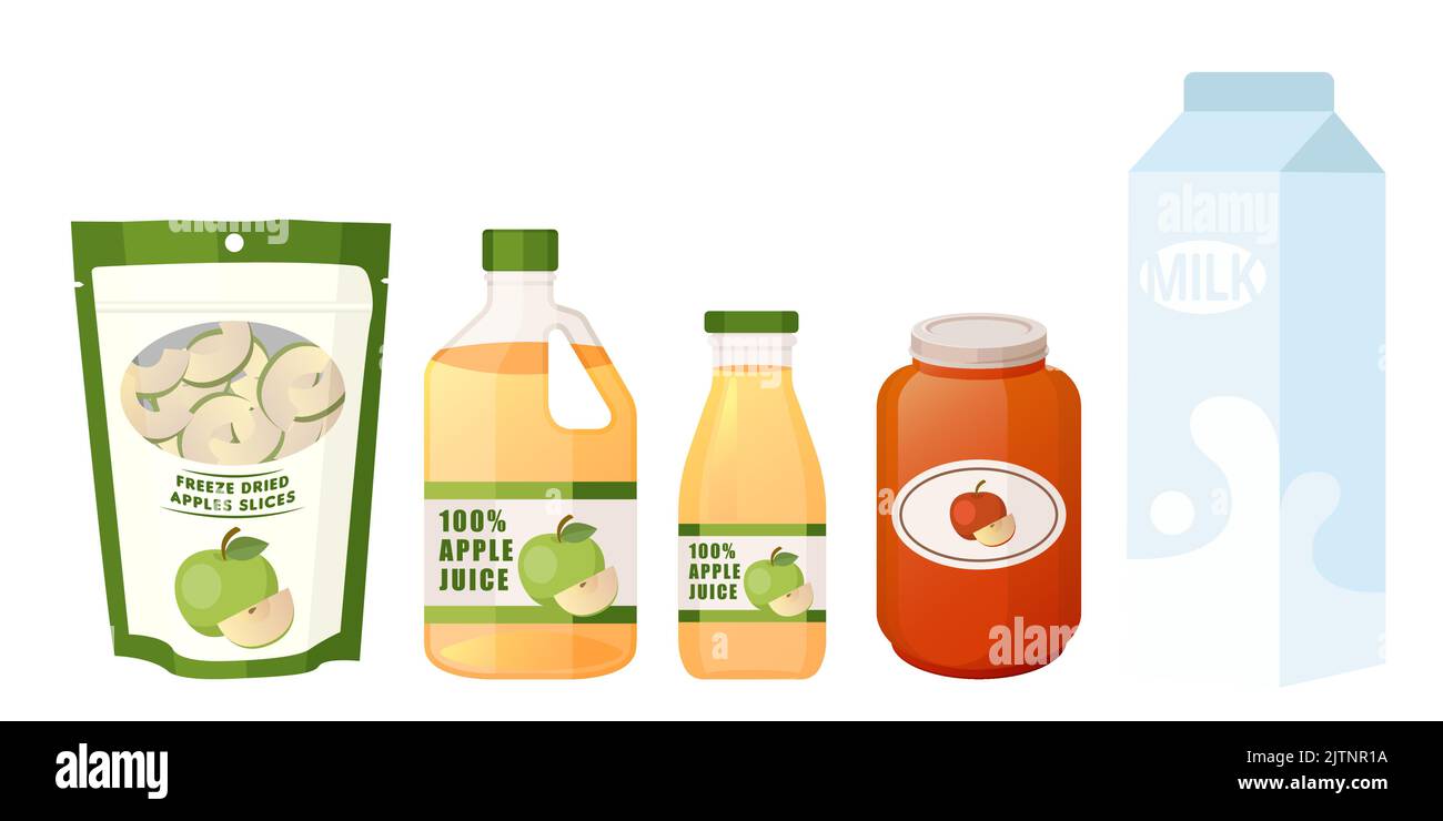 Collection set of processed food objects milk apple jam juice dried