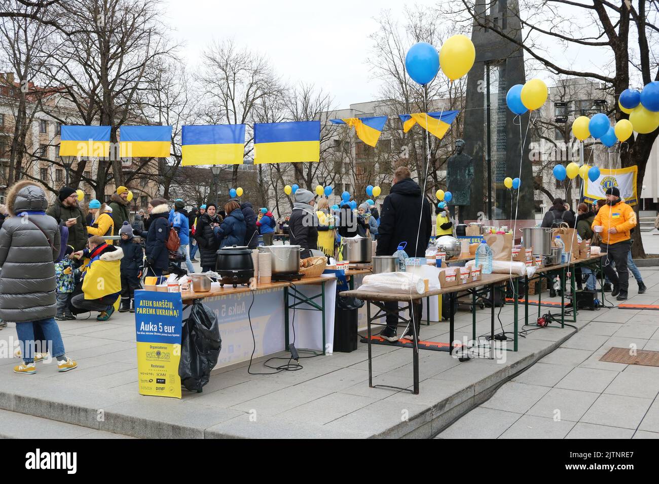 Vilnius, Lithuania - 05 March, 2022: Action in support of Ukraine. A portion of borscht for five euros. The money is intended for Ukrainian refugees Stock Photo