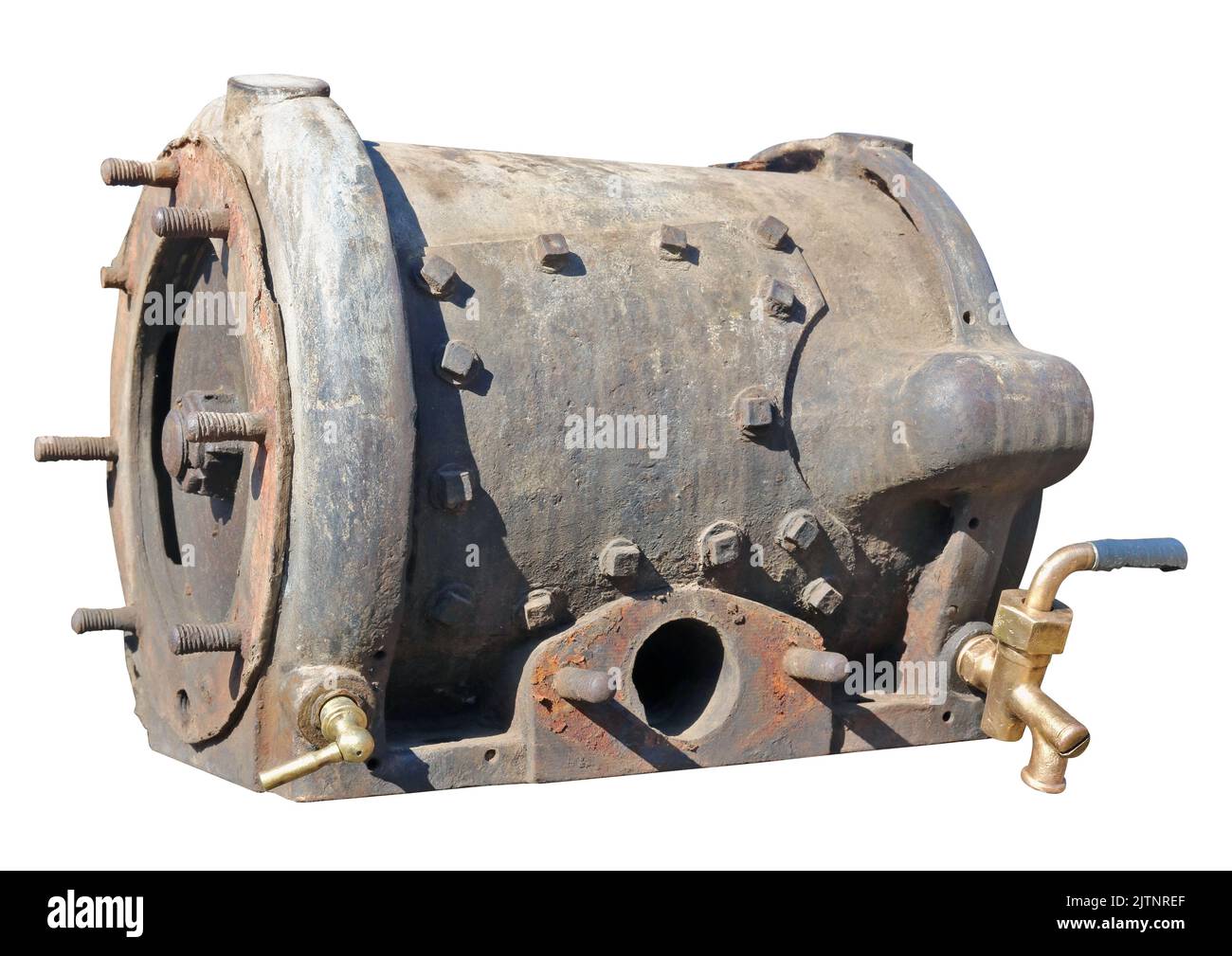 An retro steam locomotive tank for water loading . Isolated on white Stock Photo