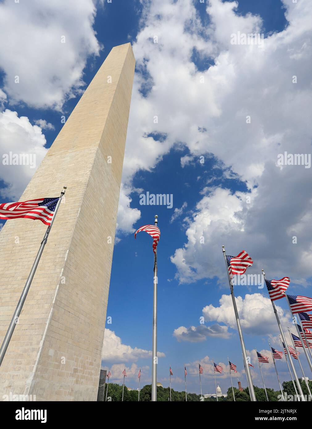 Washington Monument with American flags waving and US Capitol on the background in District of Columbia Stock Photo