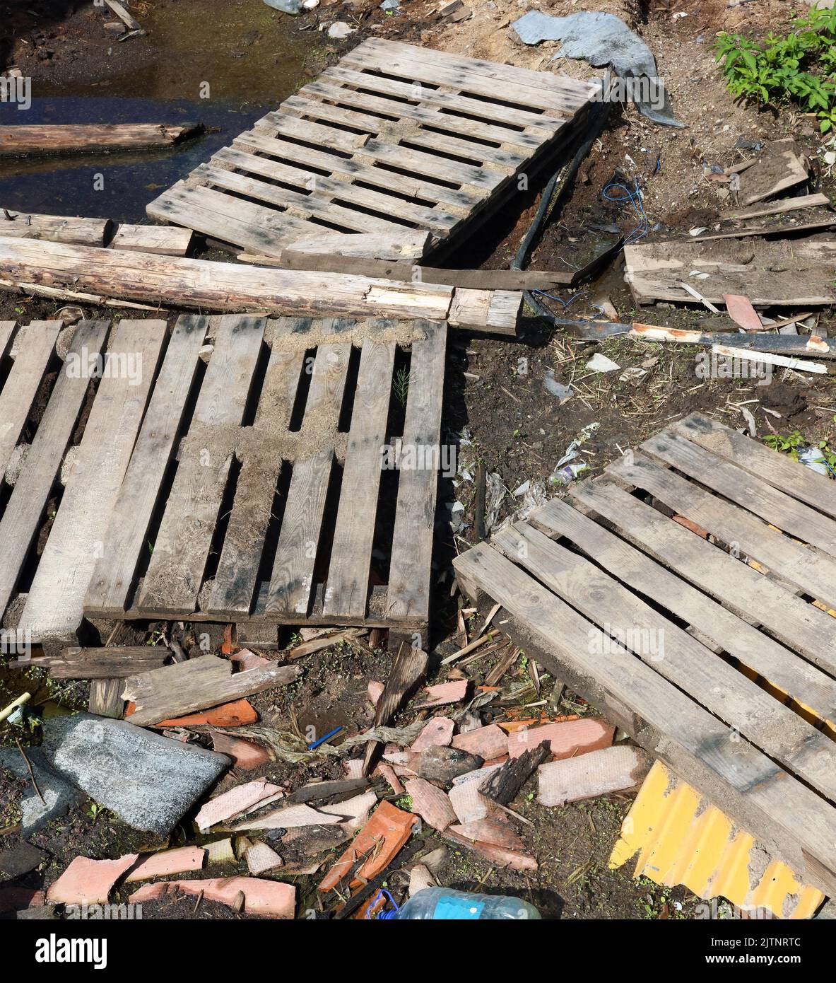 Old broken wooden pallets in a garbage  dump Stock Photo