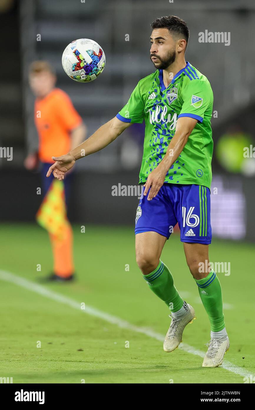 August 31, 2022: Seattle Sounders midfielder ALEX ROLDAN (16) receives the ball during the Orlando City Soccer vs the Seattle Sounders match at Exploria Stadium in Orlando, Fl on August 31, 2022. (