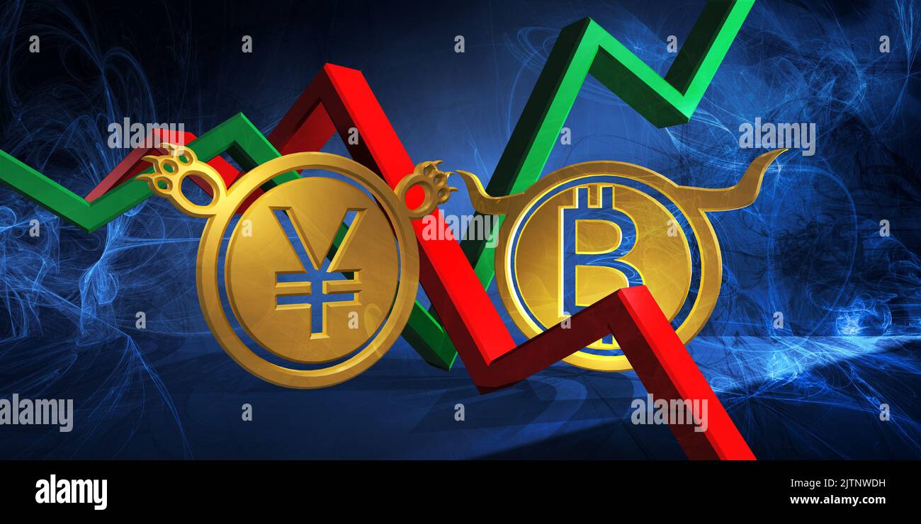 bullish btc to bearish jpy or cny currency. foreign exchange market 3d illustration of bitcoin to japanese yen or chinese yuan. money represented  as Stock Photo