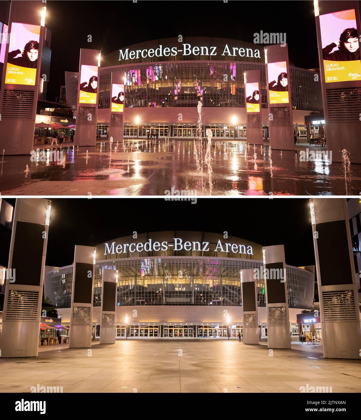 Berlin, Germany. 28th Aug, 2022. KOMBO Illuminated signs light up