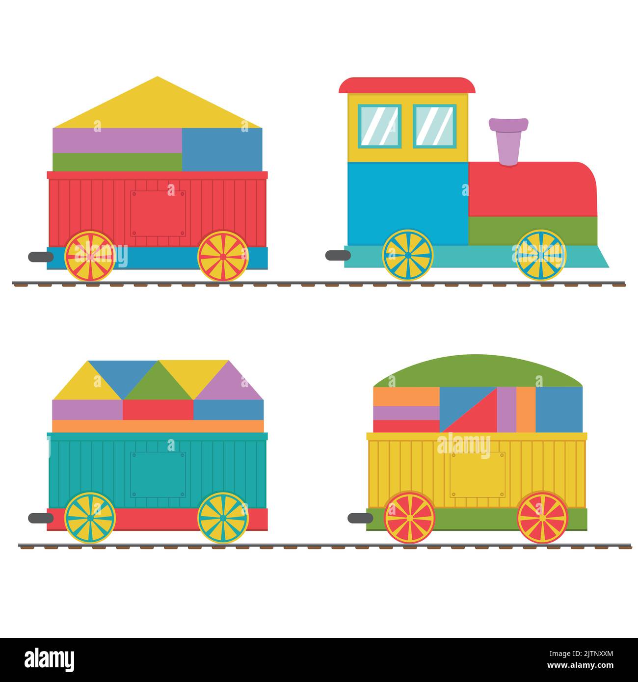 Wooden train with wagons loaded with cubes, color vector illustration