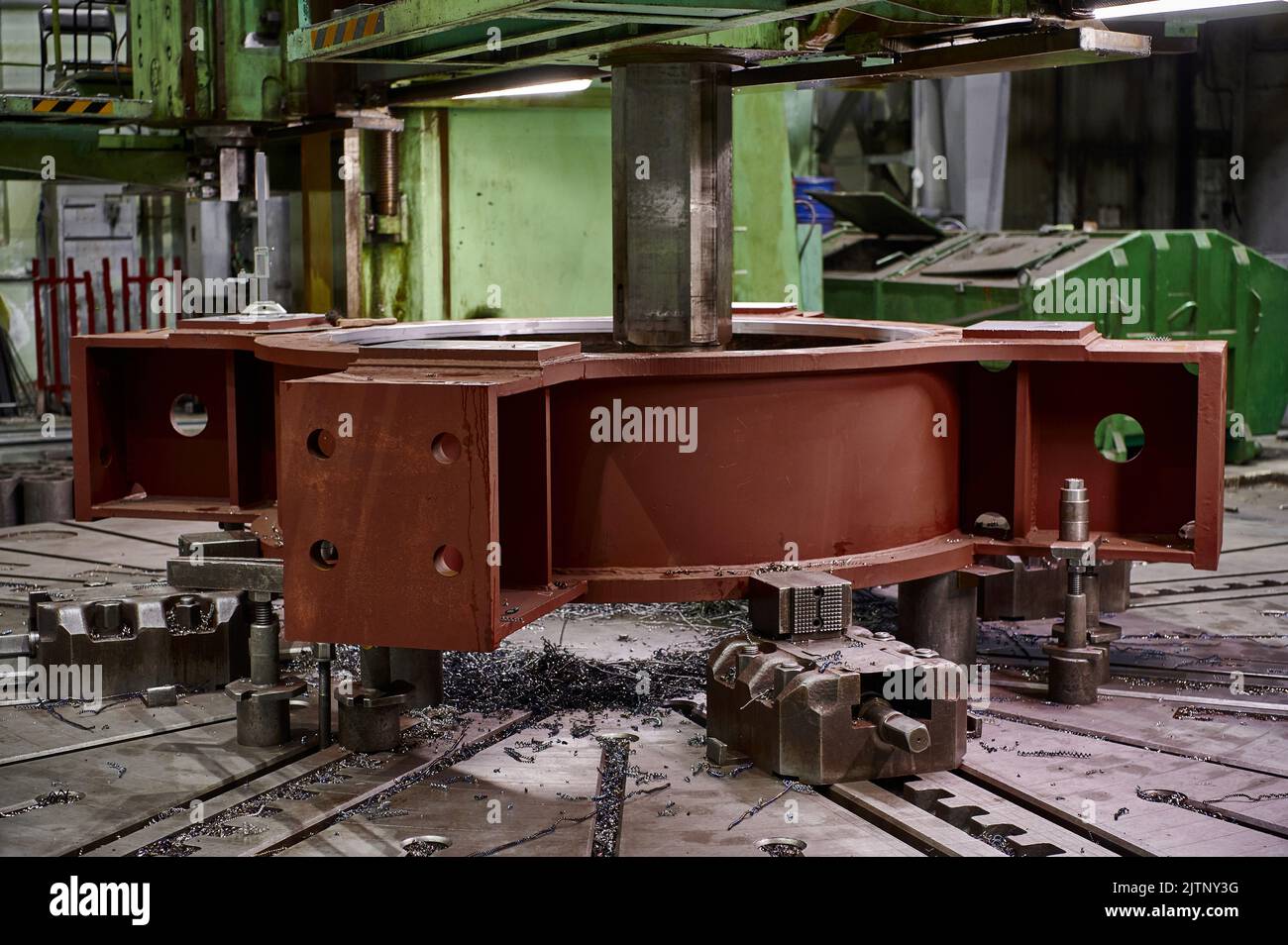 Processing metal part with boring and turning lathe machine Stock Photo