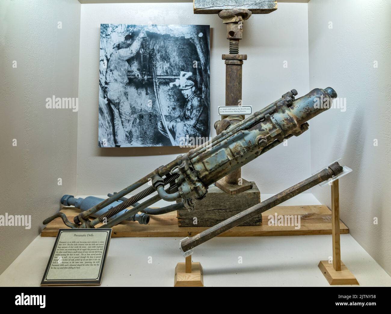 Pneumatic drills used for mining, display at Houghton Cotter Store, 1874, interpretative center in South Pass City, Wind River Range, Wyoming, USA Stock Photo
