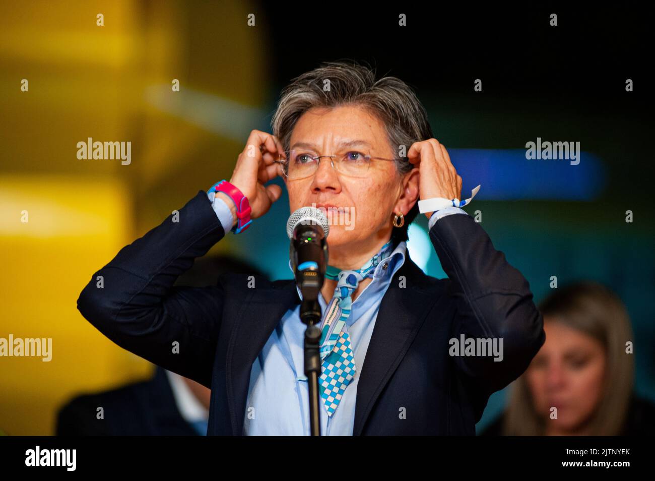 Bogota's mayor Claudia Lopez speaks during a press conference after the first ever security council for human security and total peace between Colombi Stock Photo