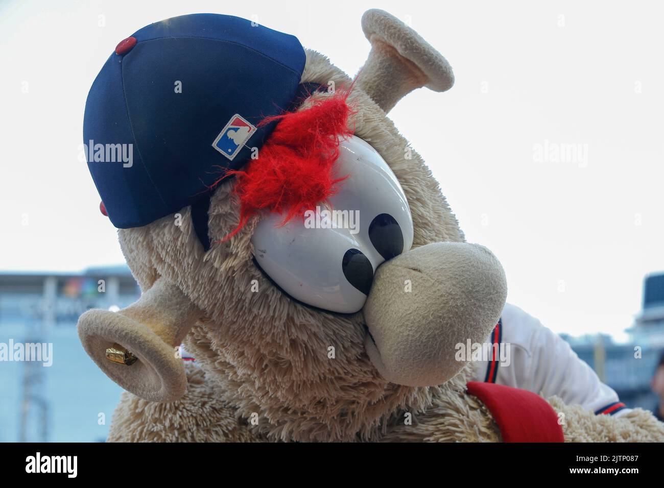 Atlanta, GA. USA; Atlanta Braves mascot, Blooper, entertains the