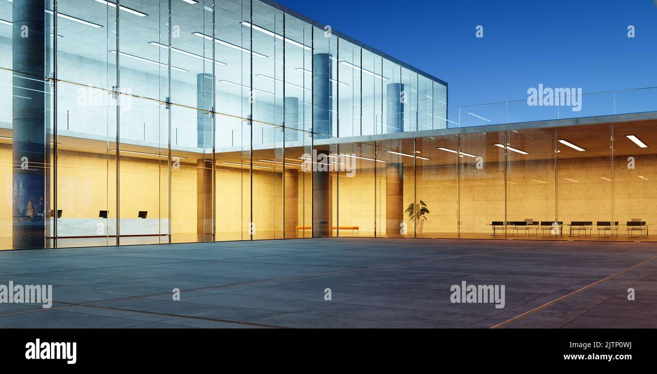 Modern glass wall commercial buildings exterior. Realistic 3d rendering