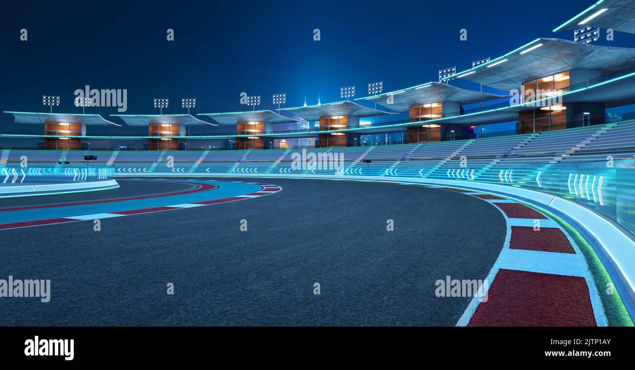 Racetrack Railing 3d rendering racing concept of evening scene futuristic racetrack with ...