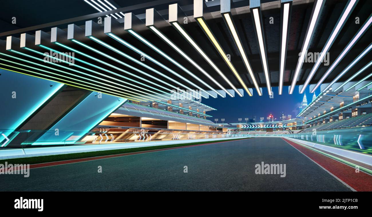 3d rendering racing concept of evening scene futuristic racetrack with ...