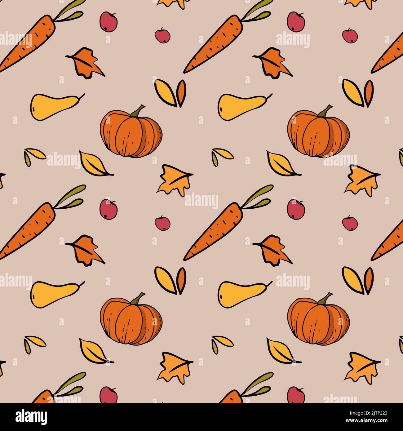autumn pattern pumpkin carrot leaves pear and apples Stock Vector