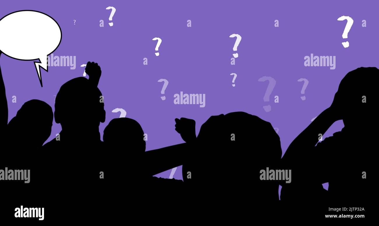 Image of people silhouettes with speech bubbles over question marks on purple background Stock Photo