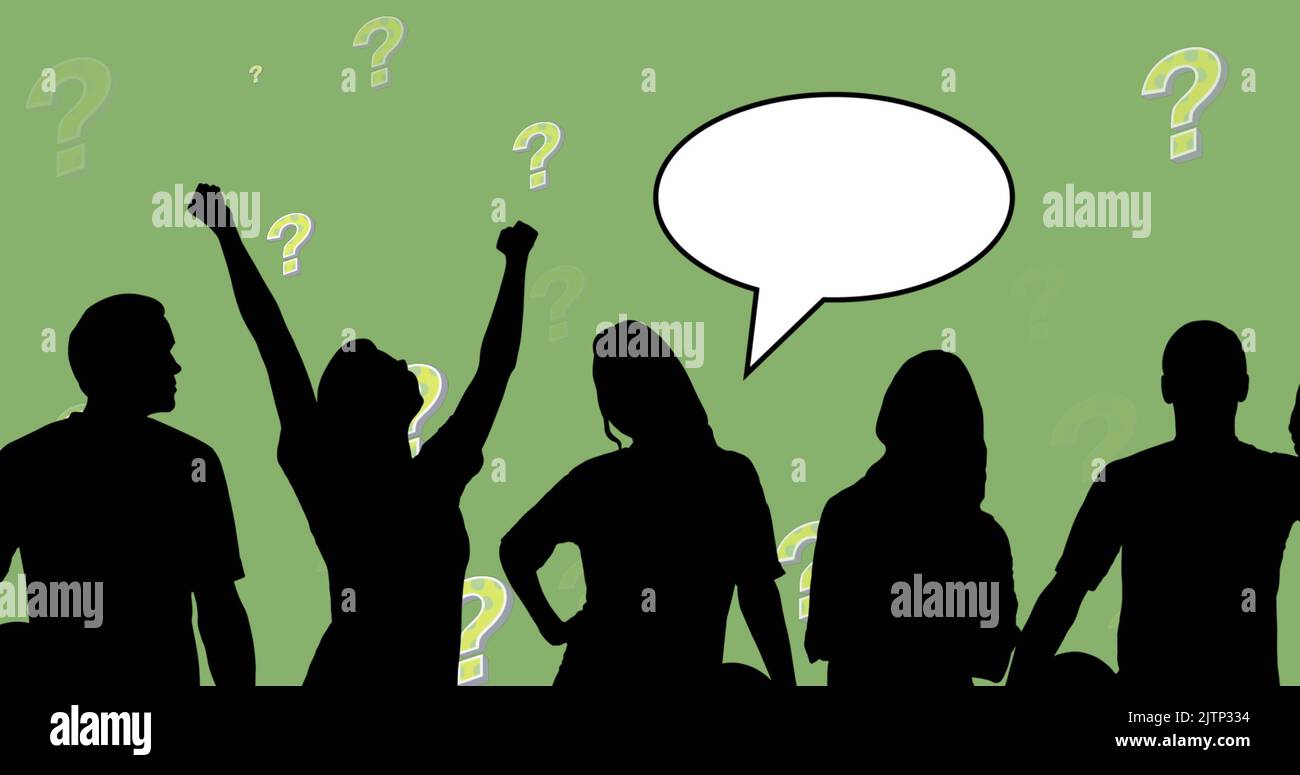 Image of people silhouettes with speech bubbles over question marks on green background Stock Photo