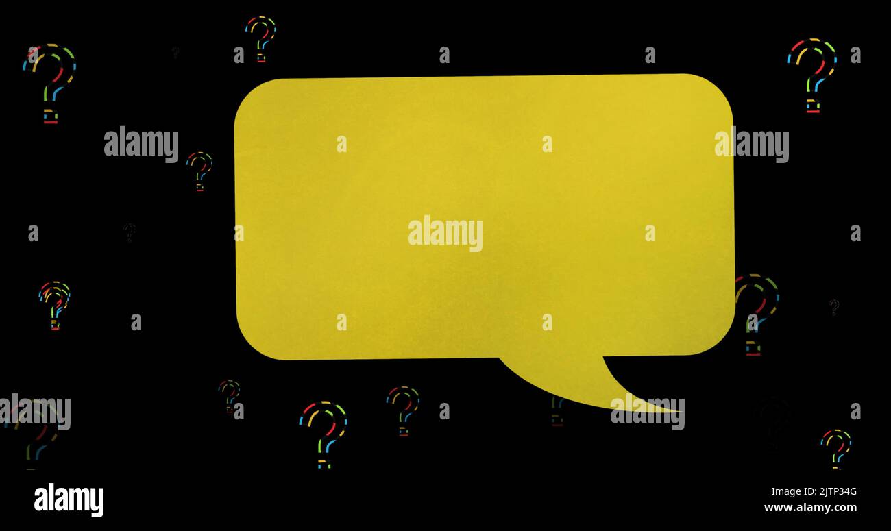 Image of speech bubble over question marks on black background Stock