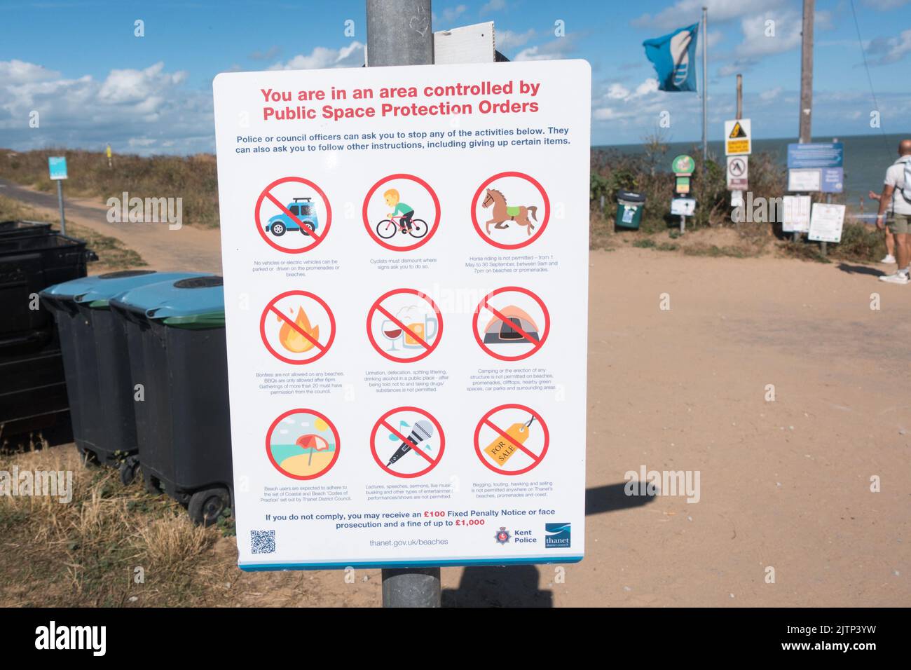 Public Space Protection Orders notice at the entrance of Botany Bay beach Stock Photo