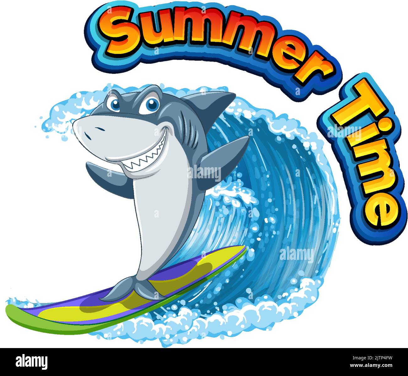 Cute shark cartoon character surfing ocean scene illustration Stock ...