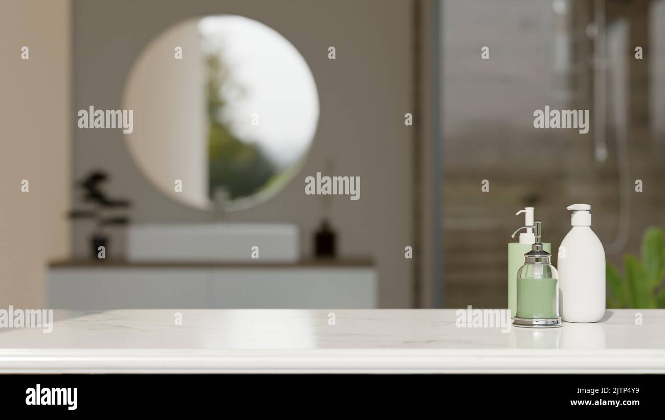 Luxury white marble bathroom tabletop with shampoo bottle, shower gel