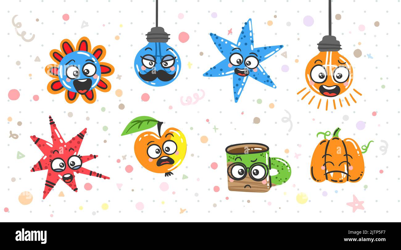 Set of Various Cartoon Elements with Emoticons. Doodle faces, eyes and ...