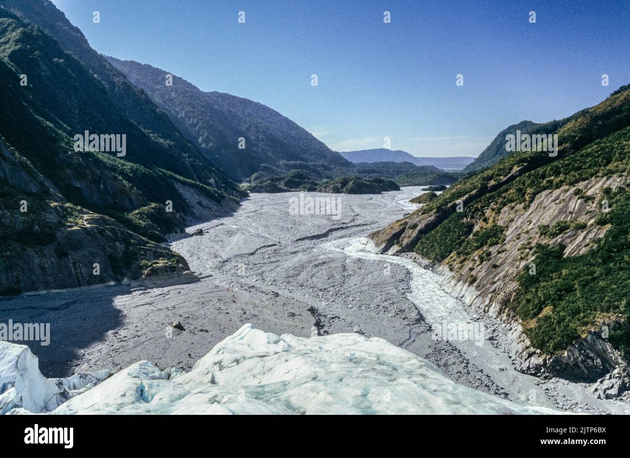 A view from the top of the Franz Josef Glacier on the South Island in 1997, New Zealand Stock Photo