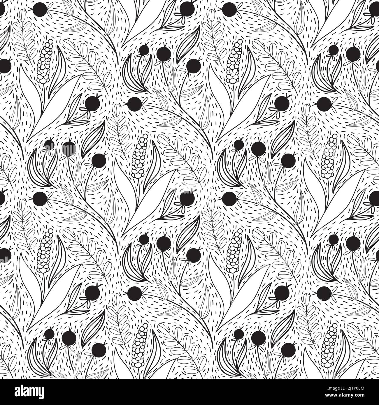 Floral seamless pattern in black and white line style with damask tile ...