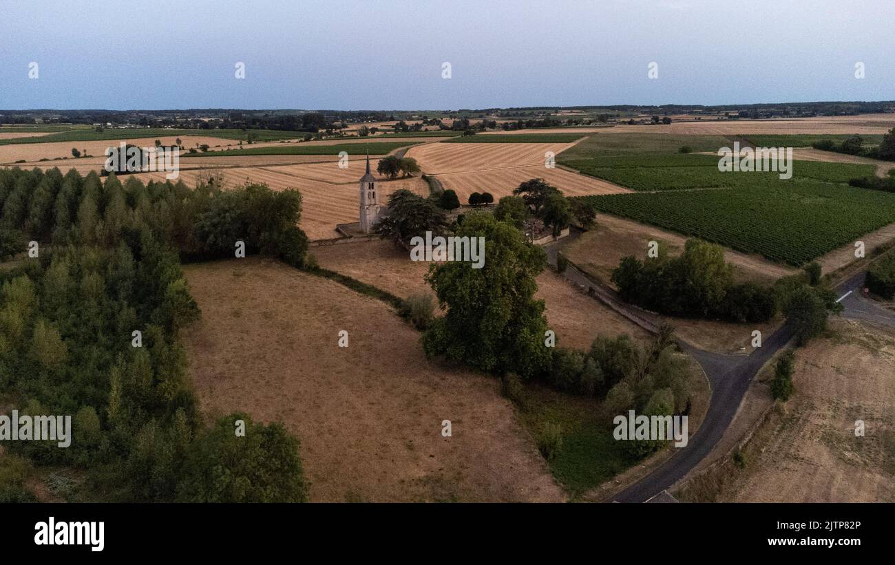 France, MaineetLoire, summer 2022. Aerial view of the drought and