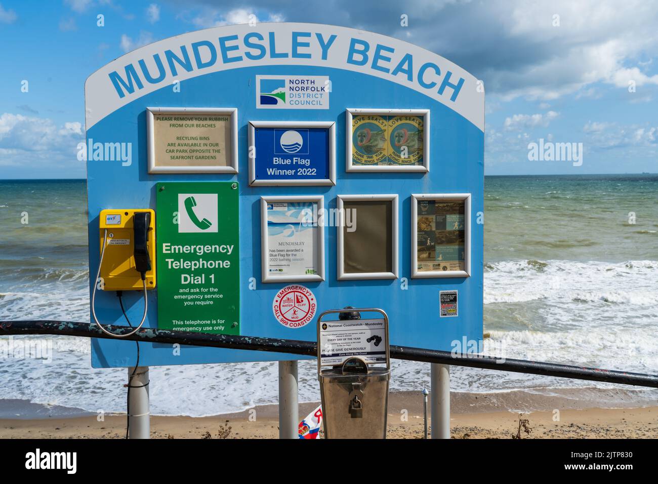 Information board at the entrance of Mundesley beach in North Norfolk, UK.  A 2022 Blue Flag awarded beach for cleanliness Stock Photo