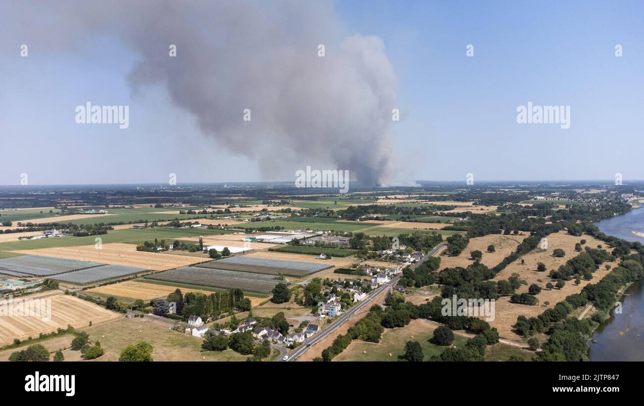 France, MaineetLoire, summer 2022. Aerial view of the drought and