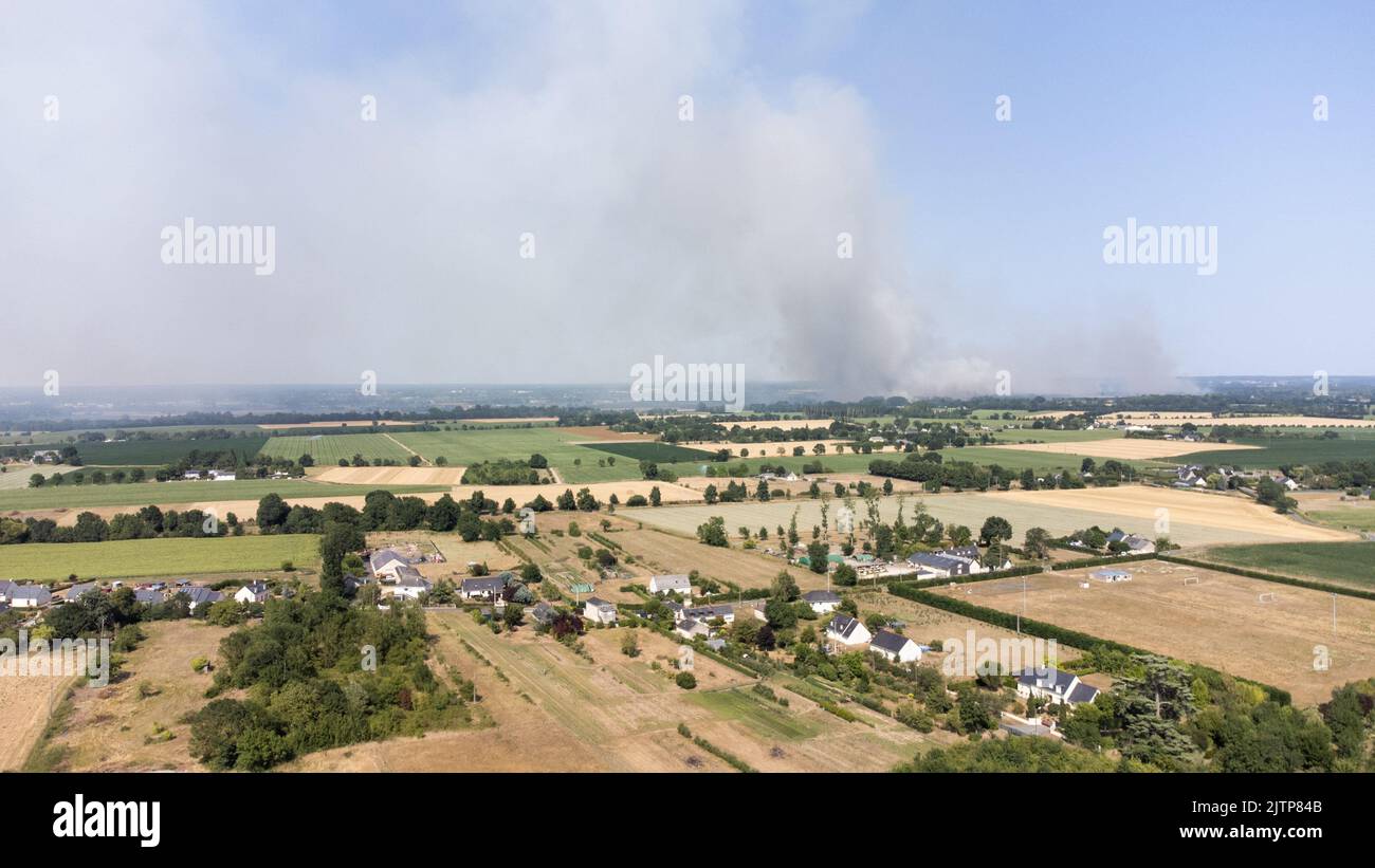 France, MaineetLoire, summer 2022. Aerial view of the drought and