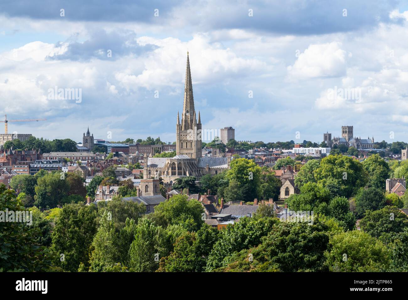 A view of Norwich City Centre showing the two Cathedrals on an overcast summer's day Stock Photo