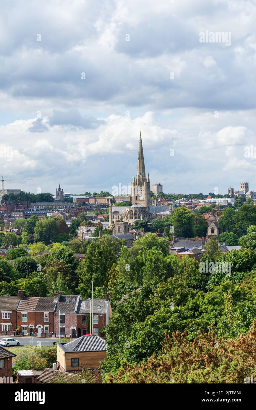 A view of Norwich City Centre showing the two Cathedrals on an overcast summer's day Stock Photo