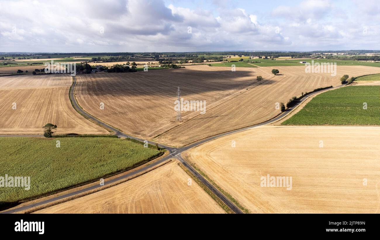 France, MaineetLoire, summer 2022. Aerial view of the drought and