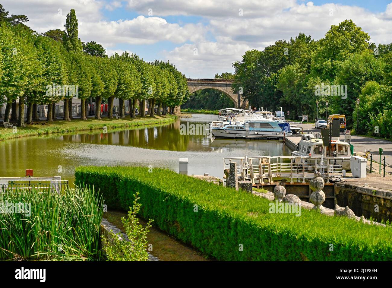 The harbour of Briare at the Loire river  and the Canal Latéral de la Loire and the Canal de Briare is an important interchange of shipping Stock Photo