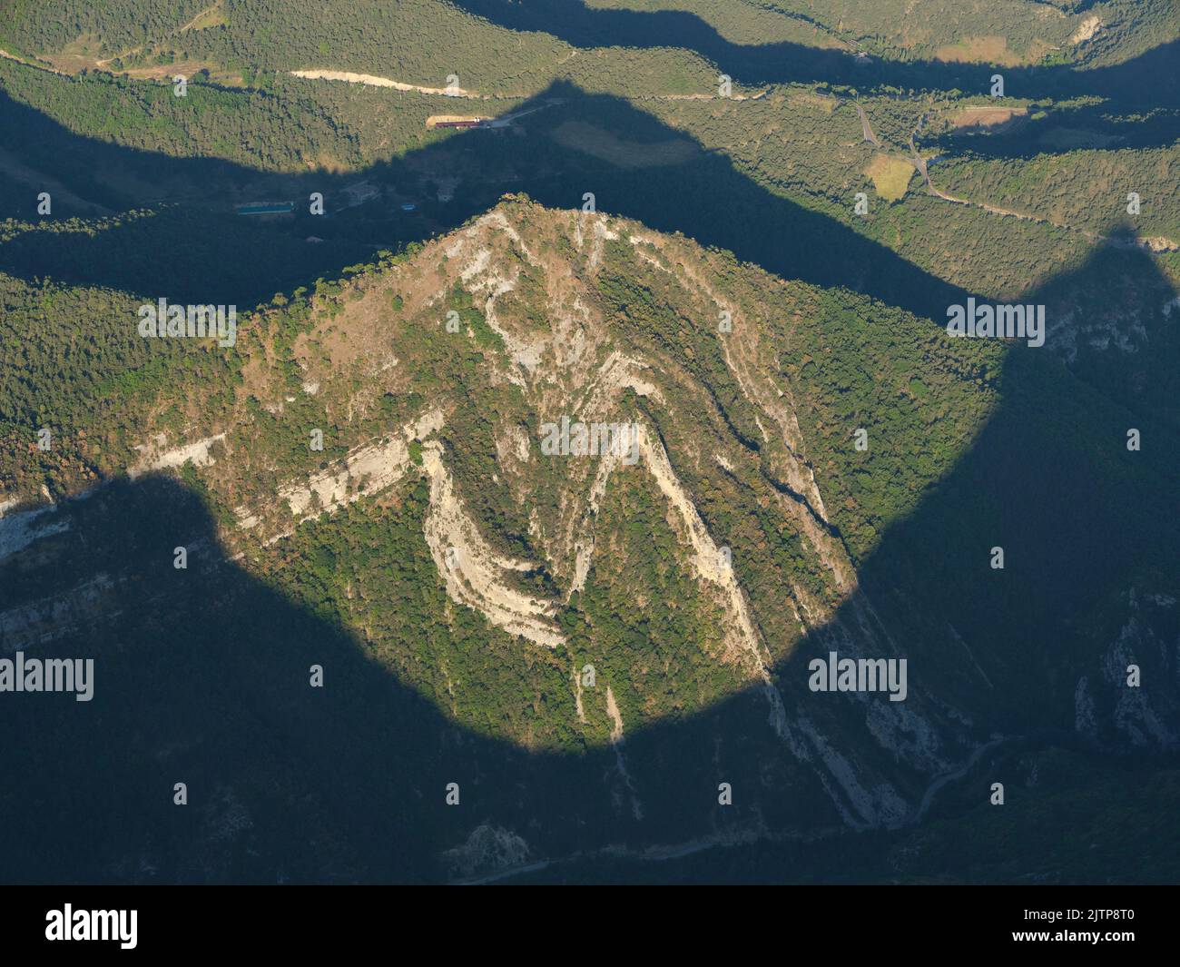 AERIAL VIEW. Folded strata. Chastel-Arnaud, Drôme, Auvergne-Rhône-Alpes, France. Stock Photo