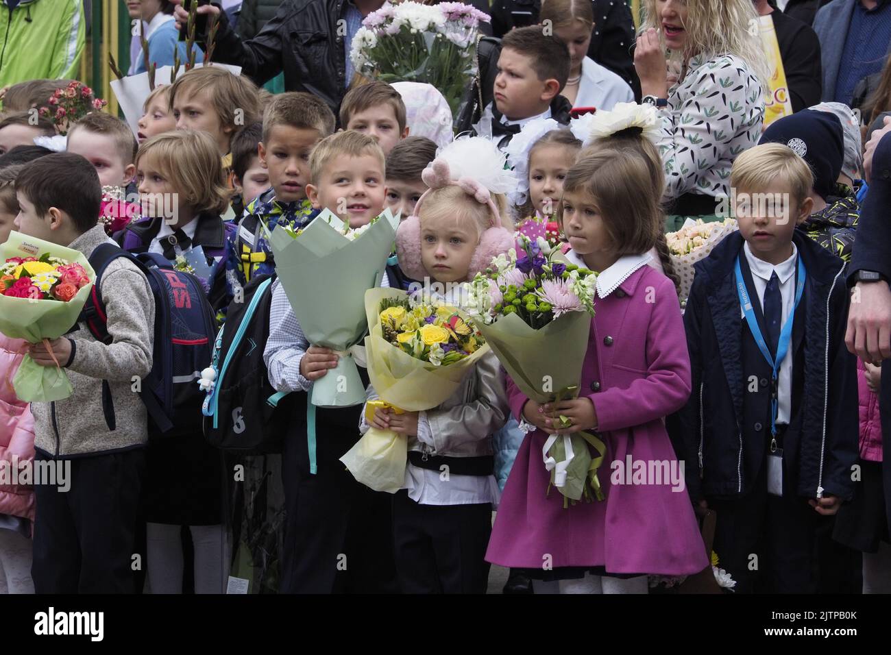 01.09.2022. Russia, Moscow. School students on the celebratory assembly ...