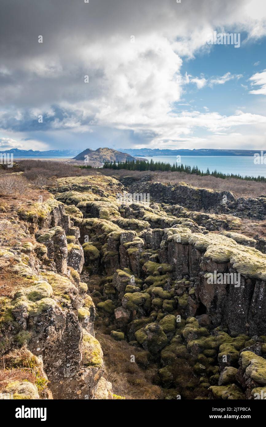 Views from the Hrafnagjá Observation Deck in Thingvellir National Park, Iceland. Stock Photo