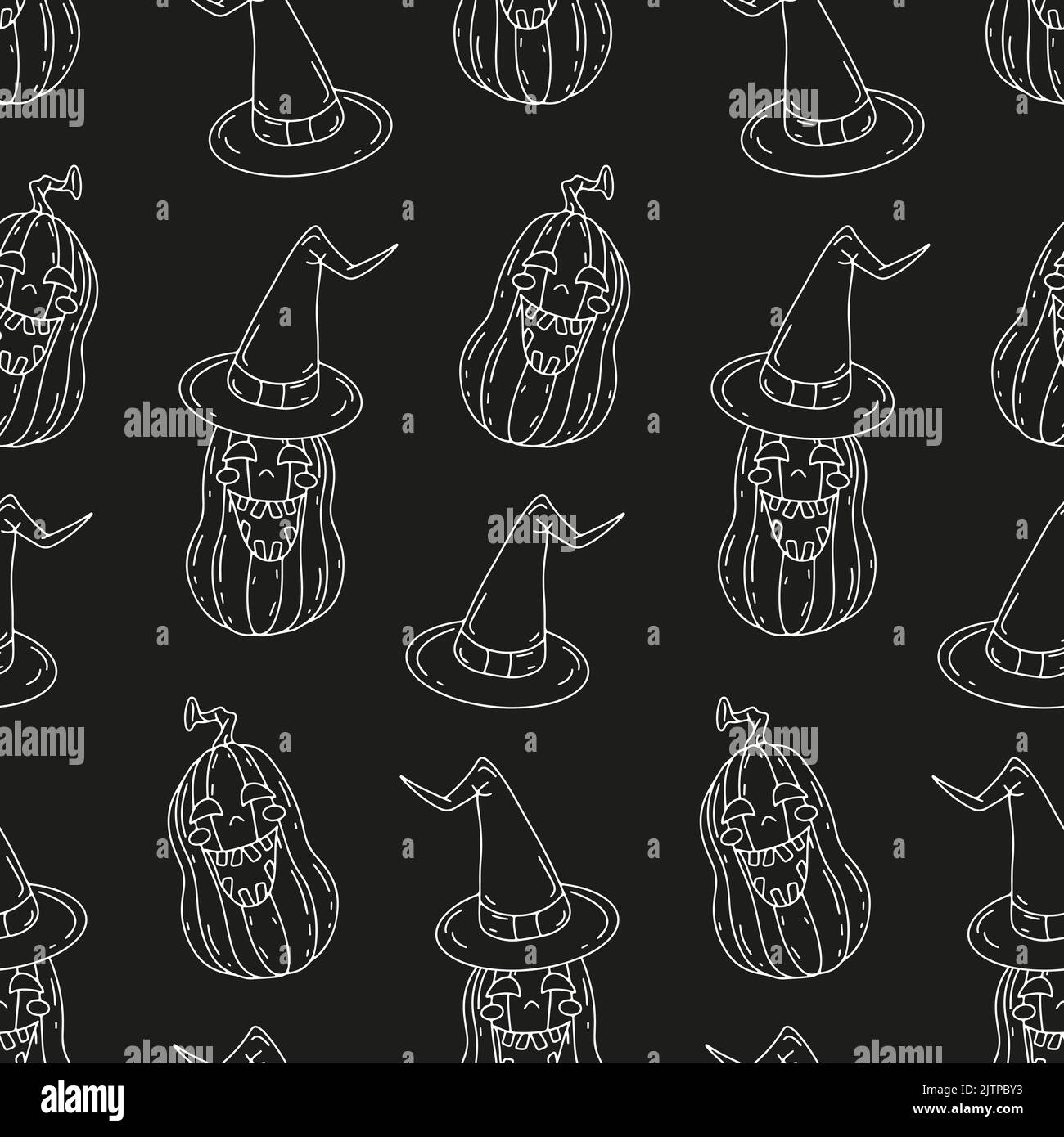 Halloween seamless pattern with line art cartoon smiling pumkins on ...