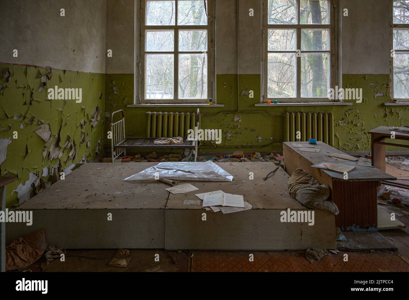 Sperrzone Tschernobyl und Geisterstadt Prypjat in der Ukraine Stock