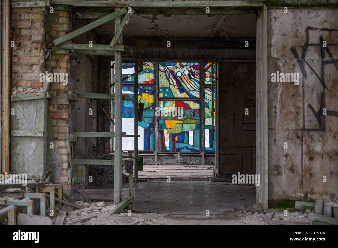 Sperrzone Tschernobyl und Geisterstadt Prypjat in der Ukraine Stock