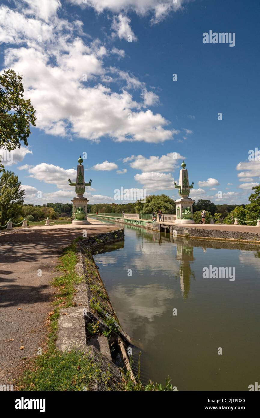 The Pont-Canal of Briare is a metal canal bridge that spans the Loire in a giant stride to connect the Canal Latéral à la Loire with the Canal de Bria Stock Photo