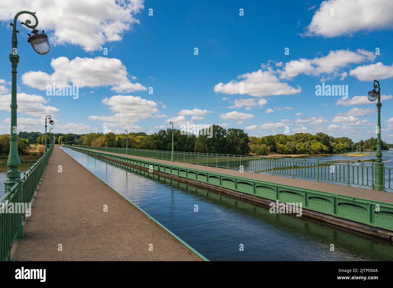 The Pont-Canal of Briare is a metal canal bridge that spans the Loire in a giant stride to connect the Canal Latéral à la Loire with the Canal de Bria Stock Photo